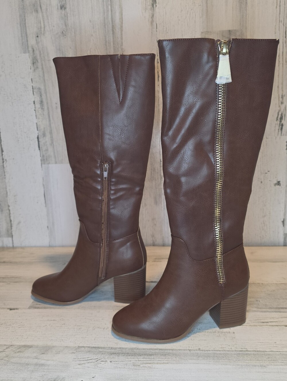 Sugar Women’s Size 7M Brown Knee High Boots Block Heel Gold Zipper Riding - Picture 14 of 14